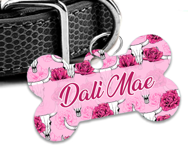 Pet ID Tag | Pink Boho Skull